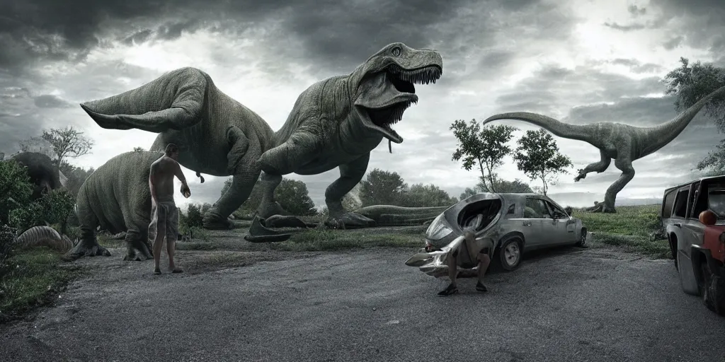 Image similar to a man hiding in front of car from enormous dinosaur Giant dinosaur coming up in background. Photo realistic. Gregory Crewdson. Award winning. Masterpiece, exquisite detail, post processing