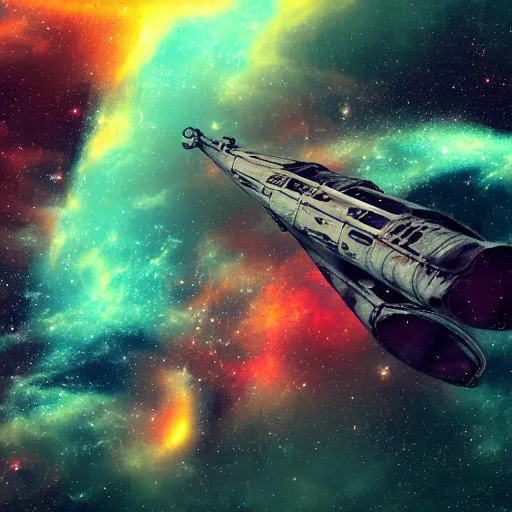 Prompt: A derelict spaceship drifting against a nebula background