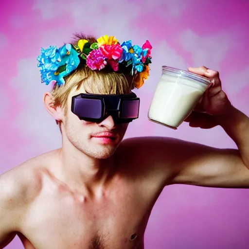 Image similar to close up kodak portra 4 0 0 face portrait photograph of a skinny guy with blonde hair submerged in a tub of milk, aerial view, wearing cyber goggles, flower crown, moody lighting, telephoto, 9 0 s vibe, blurry background, vaporwave colors, dream aesthetic, dreamy aesthetic, faded!,