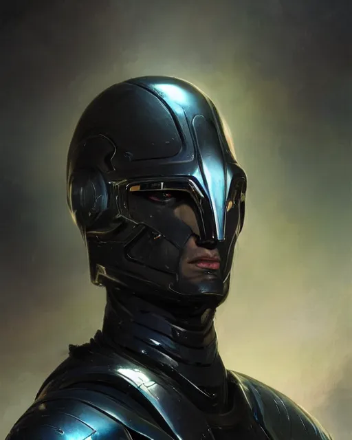 Image similar to iridescent sinewy smooth muscular male sleek glossy black pearlescent scifi armor with smooth black featureless helmet, by greg rutkowski, mark brookes, jim burns, tom bagshaw, magali villeneuve, glenn fabry, trending on artstation