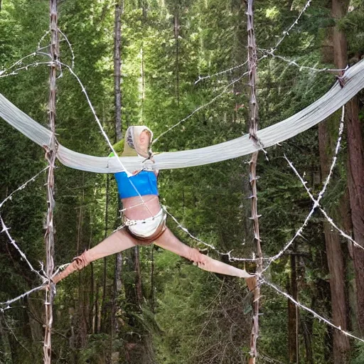 Prompt: a female navi wrapped in barbed wire floating in the air in front of a sequioa forest