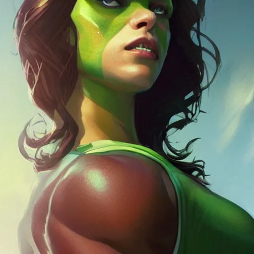 Image similar to she hulk, played by scarlett johannson, beautiful, cinematic, head and shoulders, striking pose, by greg rutkowski