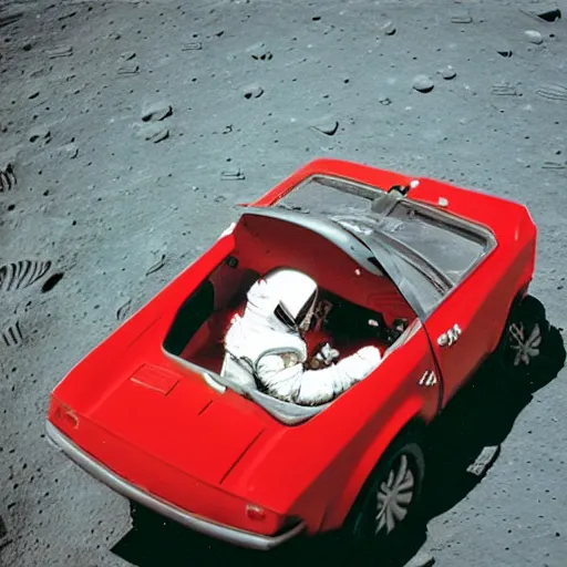 Prompt: photo of astronaut driving a red convertible sports car on the moon, 3 5 mm, full - hd