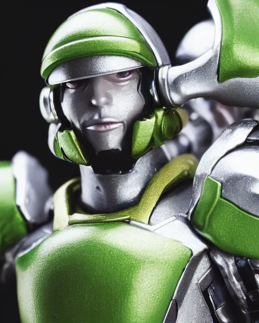 Image similar to portrait of a figurine of cyborg from the sci - fi nintendo videogame metroid. glossy. silver round helmet, silver shoulder pads, green visor. shallow depth of field. suit of armor.