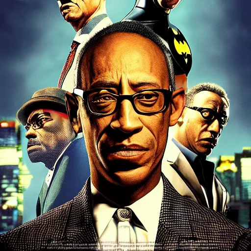 Image similar to batman versus gus fring, poster, movie poster, facing each other, side angle, imax, highly detailed, cel-shaded