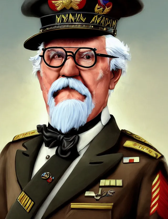 Image similar to a portrait of colonel sanders wearing a military uniform and an eyepatch, by moebius and tyler edlin and hr giger, trending on artstation, digital art, 4 k resolution, detailed, high quality, sharp focus, hq artwork, coherent, insane detail, concept art