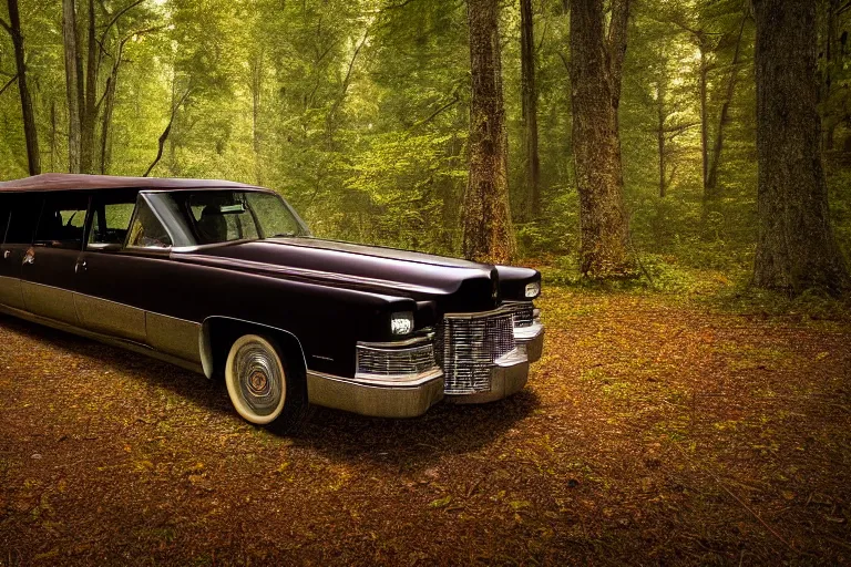 Image similar to a beautiful widescreen photo of a old cadillac upsidedown in a dark forest, mushrooms, in a dark forest low light, by dimitri mellos