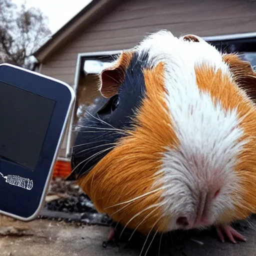 Image similar to a Guinea pig taking a selfie in front of a burning house