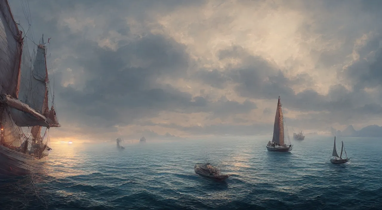 Image similar to hyper realistic detailed matte painting of sailing boat in the bay, calm foggy ocean, sunset lighting, hyperdetailed unreal engine 8 k ultra hd, stanley artgerm lau, rossdraws, james jean marc simonetti ruan jia and mandy jurgens and artgerm and william illustration, digital art, concept art