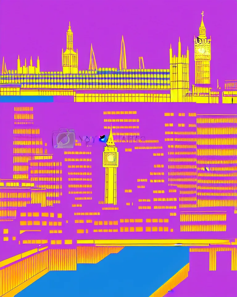 Image similar to city of london, london bridge, big ben, bright colors, in the style of hiroshi nagai, very detailed