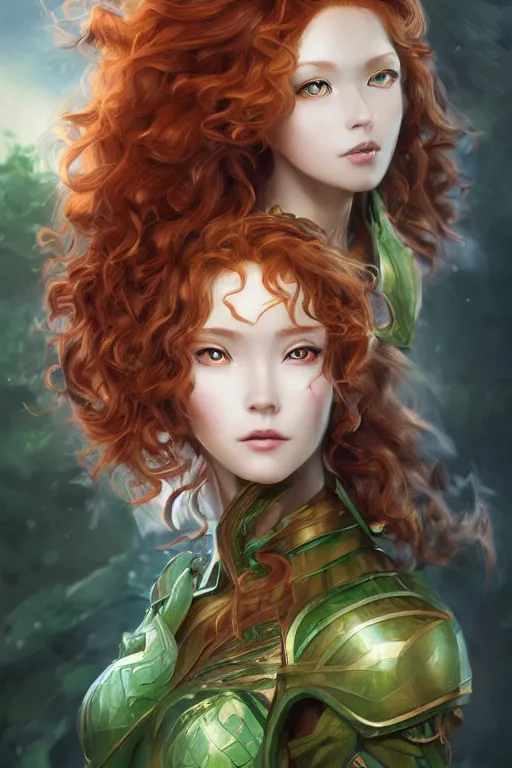 Image similar to A realistic anime portrait of long curly haired redhead female ranger wearing an intricate fantasy ranger outfit, asian facial features, green eyes, digital painting, by Stanley Artgerm Lau, Sakimichan, WLOP and Rossdraws, digtial painting, trending on ArtStation, SFW version