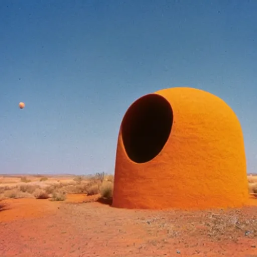 Image similar to a man in brightly colored clothing standing outside a Non-Euclidean orb-like clay house sitting in the desert, vintage photo, beautiful cinematography, blue sky, film grain, James Turrell