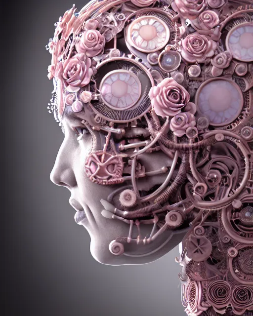 Image similar to mythical dreamy organic bio - mechanical spinal ribbed profile face portrait detail of translucent steampunk beautiful intricated monochrome angelic - human - queen - vegetal - cyborg, highly detailed, intricate translucent pale pink ivy jelly ornate, poetic, translucent roses ornate, 3 d render, digital art, octane render, 8 k artistic photography