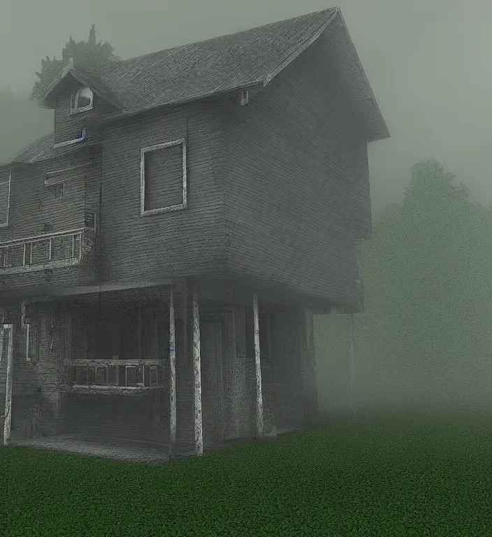 Prompt: a house by alvaar aalto, silent hill 1, resident evil 1, syphon filter, first playstation graphics, pixelated, fog, green grass, grey sky, raining, pixel rain, stunning, unsharp mask, low resolution, 9 0 s games,