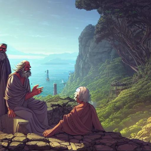 Image similar to plato arguing with diogenes on the necropolis, by dan mumford, yusuke murata, makoto shinkai, ross tran, cosmic, heavenly, god rays, intricate detail, cinematic, 8 k, cel shaded, unreal engine, featured on artstation, pixiv