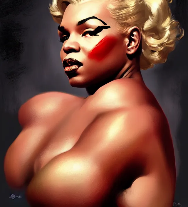 Image similar to portrait of mike tyson as a young marilyn monroe, elegant, flat lighting, intricate, highly detailed, digital painting, artstation, concept art, smooth, sharp focus, illustration, closeup, misa amane, art by simon bisley and greg rutkowski and alphonse mucha, novel cover