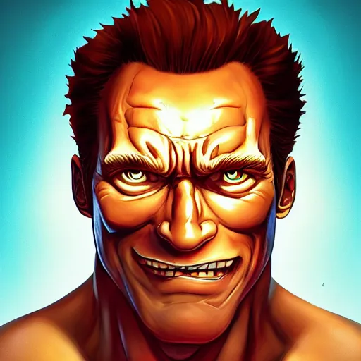 Prompt: Portrait of Schwarzenegger as a character of One Piece, mattepainting concept Blizzard pixar maya engine on stylized background splash comics global illumination lighting artstation lois van baarle, ilya kuvshinov, rossdraws