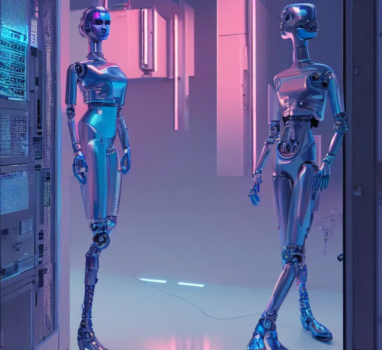 Image similar to hyperrealism stock fashion photography of highly detailed stylish humanoid robot in sci - fi cyberpunk style by gragory crewdson and vincent di fate with many details by josan gonzalez working in the highly detailed data center by mike winkelmann and laurie greasley hyperrealism photo on dsmc 3 system rendered in blender and octane render