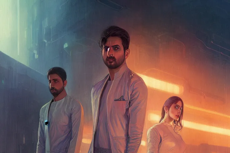 Image similar to Sensual good looking pale young Indian doctors wearing Blade Runner 2049 clothing in a space station above Earth, portrait, elegant, intricate, digital painting, artstation, concept art, smooth, sharp focus, illustration, art by artgerm and greg rutkowski and alphonse mucha