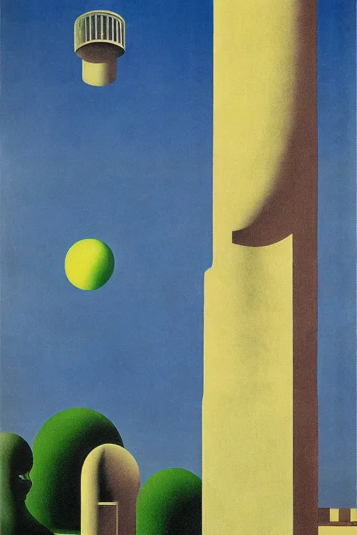 Prompt: Bauhaus Poster by Richard Corben, by René Magritte, greek doric column brutalist spomenik structure, surrealism