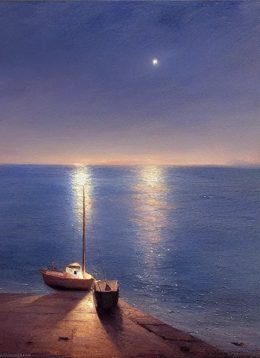 Prompt: There is a small sailboat on the dark blue sea, night view, by Vicente Romero Redondo