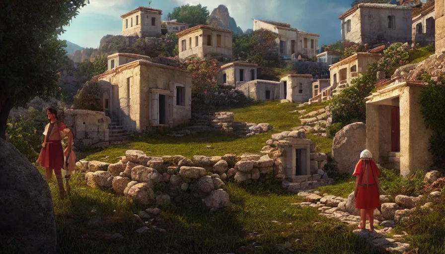 Prompt: very very small greek village, by ilya kuvshinov, rtx rendering, octane render 1 2 8 k, maya, extreme high intricate details by tom bagshaw, medium shot, close up shot, composition by sana takeda, lighting by greg rutkowski