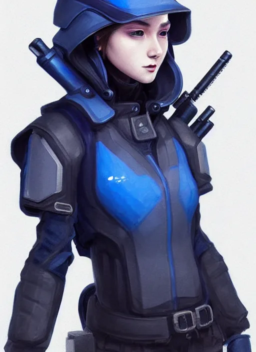 Image similar to full body portrait of a blue techwear uniform witch with guns. detailed face, concept art, digital art, intricate, highly detailed 8 k, smooth, sharp focus, beautiful and aesthetic shape of face and body, artgerm, artstation, art by zexi guo and nira and kafun and gharliera and rinotuna