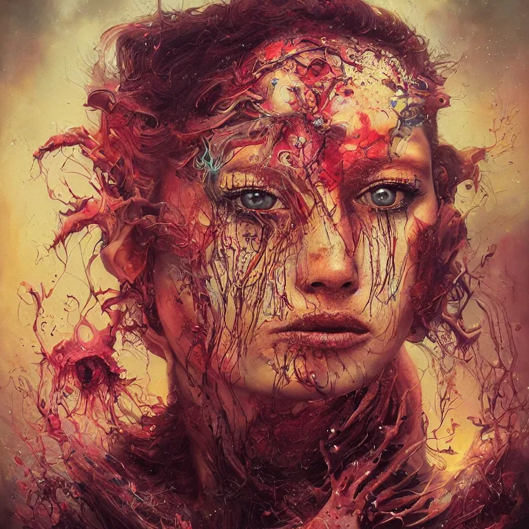 Image similar to dream portrait of the awakening of my 3rd eye,full character, melting ,8k,by tristan eaton,Stanley Artgermm,Tom Bagshaw,Greg Rutkowski,Carne Griffiths, Ayami Kojima, Beksinski, Giger,trending on DeviantArt,face enhance,hyper detailed,minimalist,horror, android, full of colour