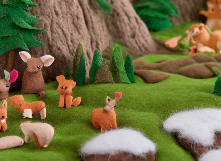 Image similar to high - res photograph of a felt sculpture diorama with cute fluffy forest critters, highly detailed sculpey diorama, forest setting, waterfall backdrop, realistic materials, wood, felt, cloth, burlap, smooth, sharp foccus, commercial product photography,