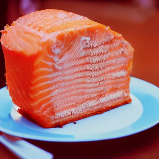 Prompt: photo of cake made out of salmon fish, cinestill, 8 0 0 t, 3 5 mm, full - hd
