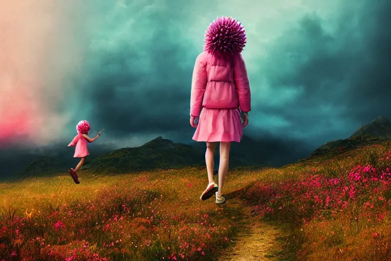 Prompt: giant dahlia flower head, girl walking on mountain, surreal photography, pink storm clouds, dramatic light, impressionist painting, digital painting, artstation, simon stalenhag
