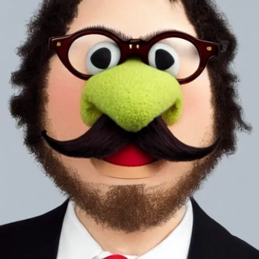 Prompt: muppet with long goatee and mustache, glasses and short brown hair