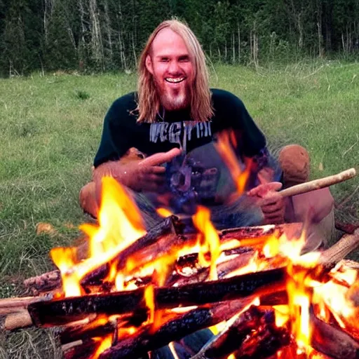 Prompt: photo of hillbilly with long blonde hair around a bonfire