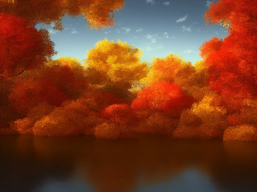 Prompt: a beautiful serene natural landscape during autumn on a fine day, photorealistic, hyperdetailed, studio lighting, octane render, caustics