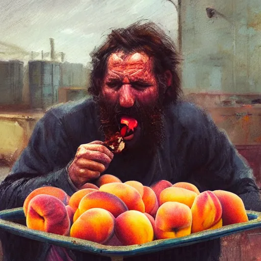 Prompt: feral man eating peaches in a factory, hunched over, mild mild impressionism, factory background, sharp colors, by greg rutkowski and asher duran