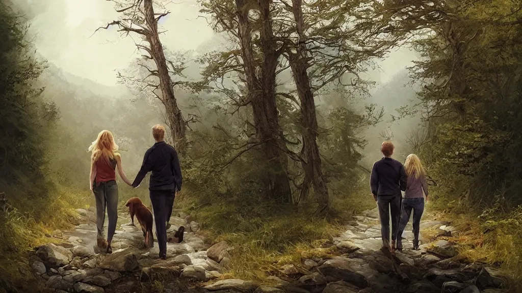 Image similar to “ one man, one women, one young boy, one golden retriever, walk on a trail in forest, mountains in the background, highly detailed, 4 k, by charlie bowater, by greg rutkowski ”