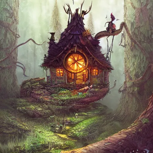 Prompt: a storybook illustration of a ramshackle multistory fairytale hut in the forest, intricate, elegant, on chicken legs, in forest, fantasy, highly detailed, digital painting, concept art, sharp focus, trending on artstation