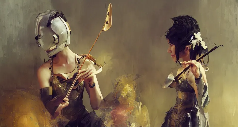 Prompt: craig mullins and ghibli digital art of a masked female play violin on the stage ， exotic costumes, gold jewelry, black hair, realistic shading, cinematic composition, realistic render, octane render, detailed textures, photorealistic