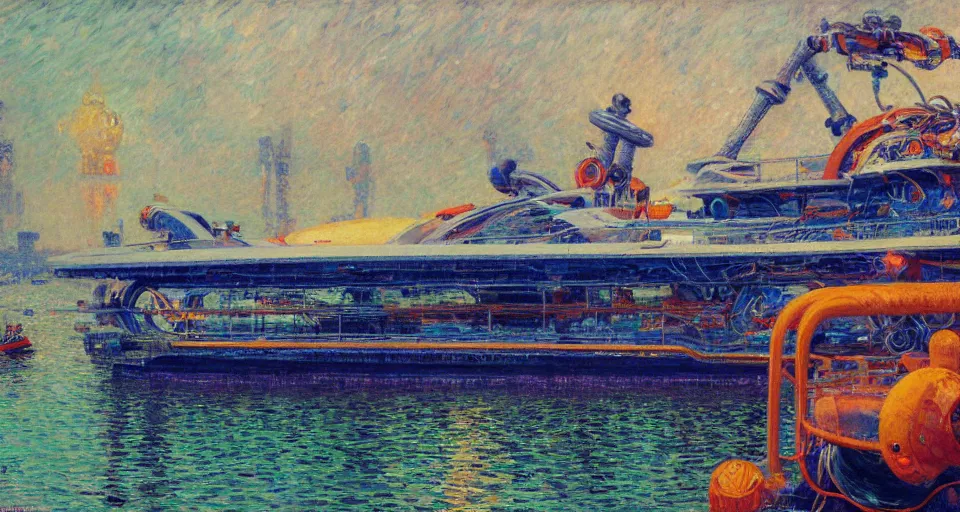 Image similar to detailed close - up of a side view full shot of a energypunk futuristic neon robotic cyberpunk steamboat in the senna river, people waving, impressionism, oil on canvas, natural colors, horizon, golden hour, masterpiece, detailed, by gustave caillebotte, wlop, mucha, greg rutkowski