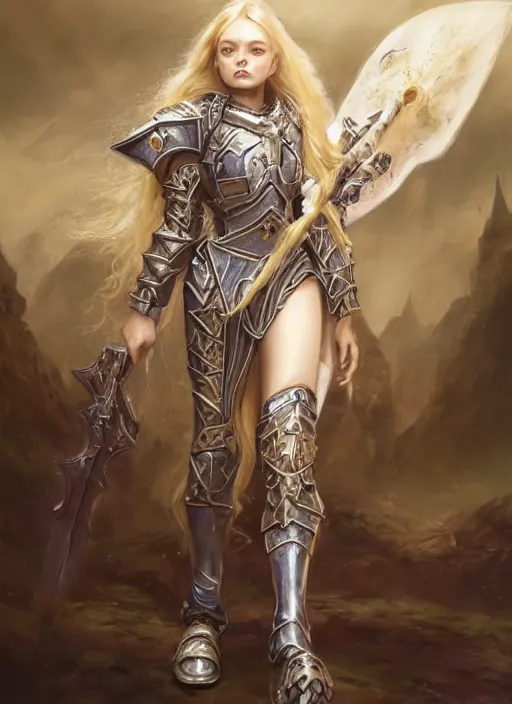 Prompt: Elle Fanning a Warhammer 40k paladin, glorious LONG BLOND hair, by Ivan Aivakovsky, by Boris Vallejo, epic fantasy character art, D&D Concept Art, full length, Realistic, Regal, Refined, Detailed Digital Art, Oil Paining, Exquisite detail, post-processing, masterpiece, Cinematic Lighting, Unreal Engine, 8k, HD