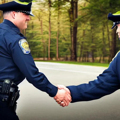 Prompt: A police officer shaking hands with a sheriff, photorealistic