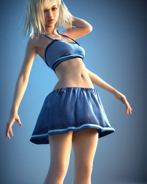 Prompt: highly detailed photography, photorealistic, young girl, blonde hair, blue eyes, in short mini skirt, full body shot, hyperdetailed, airbrushed, unreal engine, global illumination, ultra detailed