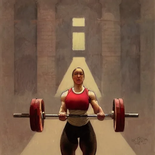 Prompt: socialist realism propaganda poster of female weightlifter, socialist realism, highly detailed, intricate, digital painting, artstation, sharp focus, illustration, art by jakub rozalski, greg rutkowski, artgerm, tan zi and ayanamikodon and alphonse mucha and wlop