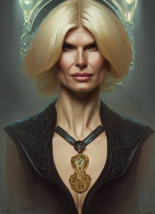 Image similar to portrait of victoria silvstedt as a lady, collar and leash, jewelry, greek, dark, intricate, headshot, highly detailed, digital painting, artstation, concept art, sharp focus, cinematic lighting, illustration, art by artgerm and greg rutkowski, alphonse mucha, cgsociety