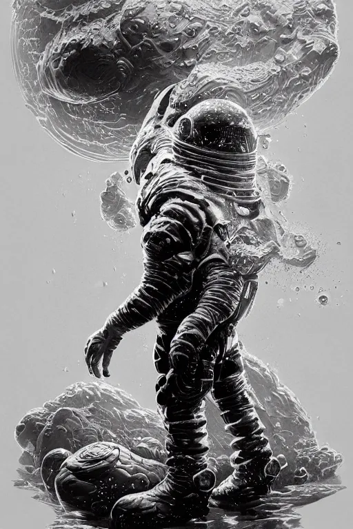 Image similar to close up shot of a full body floating astronaut portrait water elemental, high contrast, james gurney, peter mohrbacher, mike mignola, black paper, mandelbulb fractal, trending on artstation, exquisite detail perfect, large brush strokes, intricate ink illustration, black background