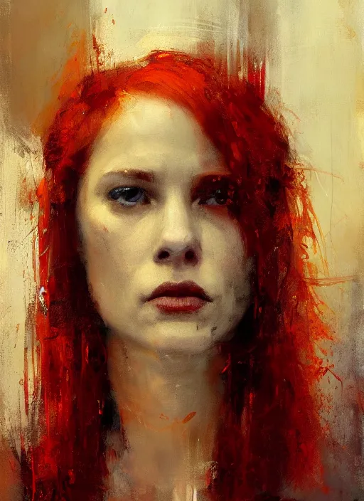 Image similar to portrait painting of beautiful red head ancient irish priestess, by jeremy mann, only one head single portrait