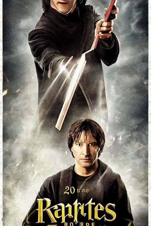 Prompt: Keanu Reaves playing Harry Potter in Harry Potter and the Rise Of The Machines Movie Poster