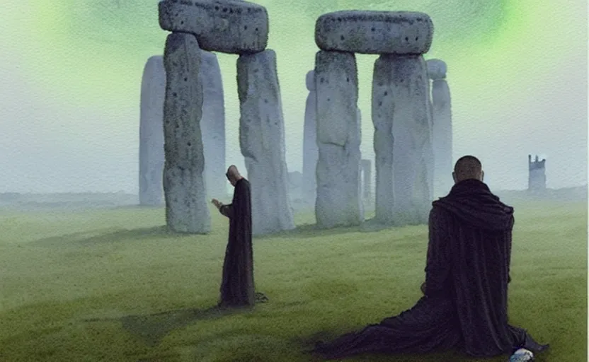 Prompt: a hyperrealist watercolour character concept art portrait of a grey medieval monk kneeling down in prayer in front of a massive alien structure growing out of stonehenge on a misty night. a ufo is in the sky. by rebecca guay, michael kaluta, charles vess and jean moebius giraud