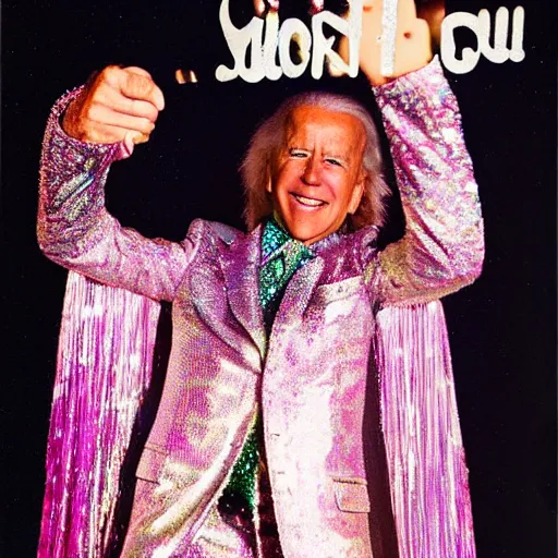 Image similar to uhd candid photo of joe biden as disco stu, wearing disco suit, intricate disco costume. photo by annie leibowitz