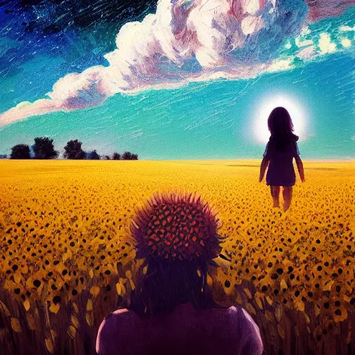 Image similar to huge sunflower head, girl walking in wheat field, hills, surreal photography, dark night, star trails, dramatic light, impressionist painting, clouds, digital painting, artstation, simon stalenhag